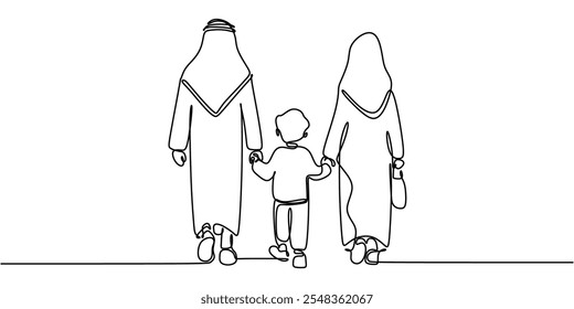 Um desenho de uma família islâmica representando o amor, a unidade e as relações familiares próximas. Representação minimalista artística.