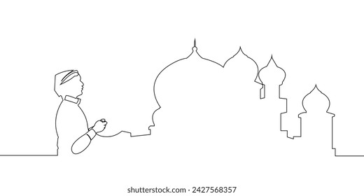 One line drawing of Islamic ornament with mosque and people praying on white background. Ramadan Kareem greeting card, banner and poster concept. simple line style