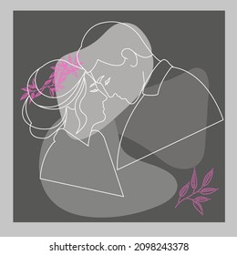 Dibujo de una línea aislado en fondo blanco. Retratos abstractos en colores pastel. Una pareja enamorada, la novia y el novio. afiche de arte contemporáneo.
