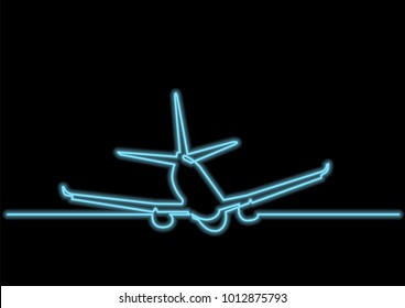 one line drawing of isolated vector object - passenger airplane with neon vector effect