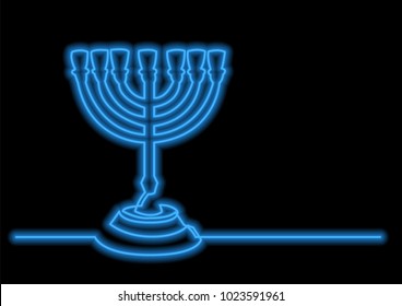 one line drawing of isolated vector object - seven branch menorah with neon vector effect