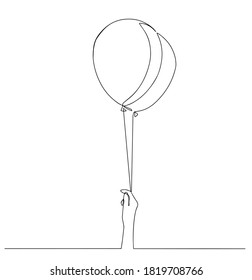 One line drawing of isolated vector 
Air balloons. One line drawing of isolated vector object by hand on a white background. Hand holding balloons illustration. Concept of birthday.