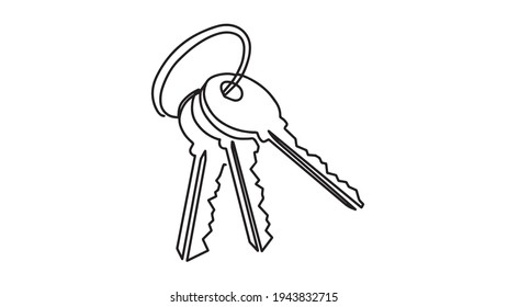 One line drawing of isolated vector object - keys. The keys continuous one line drawing, vector illustration minimalism style.