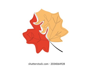 One line drawing of isolated vector object. One line Autumn symbol, red, yellow leafs.