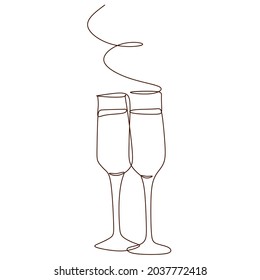  One line drawing of an isolated vector object . Continuous line of drawing two glasses of champagne