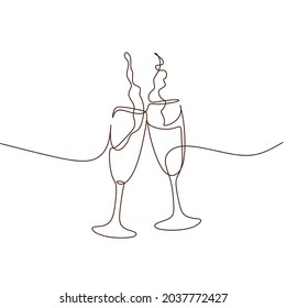  One line drawing of an isolated vector object . Continuous line of drawing two glasses of champagne