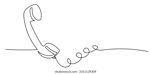 One line drawing of isolated vector object telephone receiver. Vintage retro telephone communication concept. EPS10 vector illustration. Black thin line of an old phone with a line.	