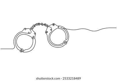 one line drawing of isolated vector object - handcuffs, On line continuous handcuffs. Line art handcuffs outline. Hand drawn vector art.one continuous line drawing handcuffs minimalist design vector