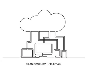 One Line Drawing Of Isolated Vector Object - Digital Devices Connected Via Cloud