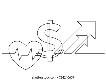 one line drawing of isolated vector object - growing cost of health care with heart and dollar