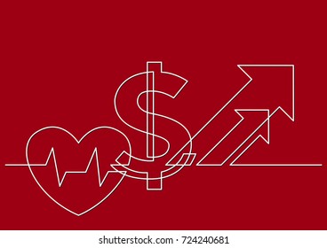 one line drawing of isolated vector object - growing cost of health care with heart and dollar