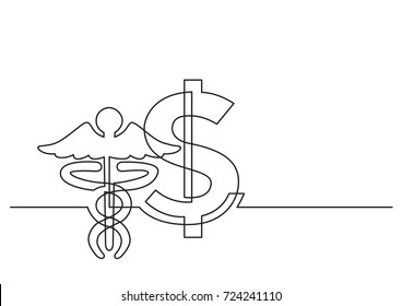 one line drawing of isolated vector object - dollar sign and symbol of medicine