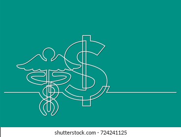 one line drawing of isolated vector object - dollar sign and symbol of medicine