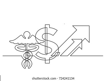 one line drawing of isolated vector object - dollar sign and medical symbol with arrows