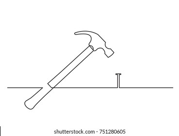 one line drawing of isolated vector object - hammer and nail