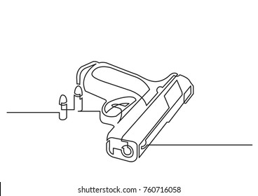 One Line Drawing Of Isolated Vector Object - Handgun With Bullets