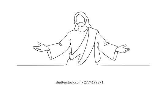 One line drawing of Jesus with open arms wide. Continuous line of welcoming embrace. Love and acceptance concept. Modern minimalist style. single line art vector illustration.