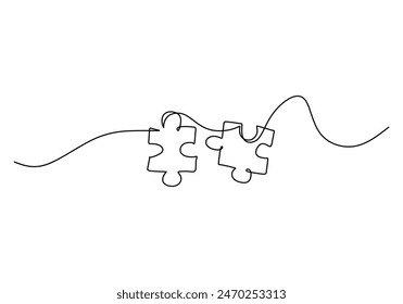 One line drawing jigsaw puzzle. Minimalist hand drawn metaphor of unity and problem solving. Vector illustration business symbol.