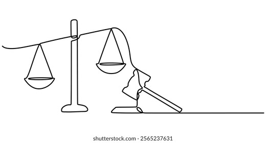 One Line Drawing of a Justice Scale, Minimalist Illustration Representing Equity and Justice, One continuous single drawing line art flat doodle scale, symbol, balance, law, justice, court, weight. 