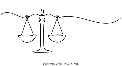 One Line Drawing of a Justice Scale, Minimalist Illustration Representing Equity and Justice, One continuous single drawing line art flat doodle scale, symbol, balance, law, justice, court, weight. 