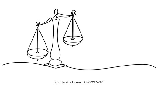 One Line Drawing of a Justice Scale, Minimalist Illustration Representing Equity and Justice, One continuous single drawing line art flat doodle scale, symbol, balance, law, justice, court, weight. 