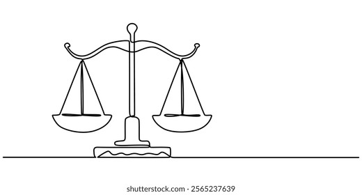 One Line Drawing of a Justice Scale, Minimalist Illustration Representing Equity and Justice, One continuous single drawing line art flat doodle scale, symbol, balance, law, justice, court, weight. 