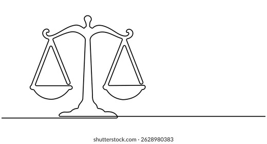 One Line Drawing of a Justice Scale, Minimalist Illustration Representing Equity and Justice, Libra symbol in single line draw illustration. balance, law, justice, court, weight. Editable stroke.