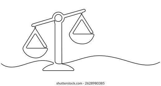 One Line Drawing of a Justice Scale, Minimalist Illustration Representing Equity and Justice, Libra symbol in single line draw illustration. balance, law, justice, court, weight. Editable stroke.