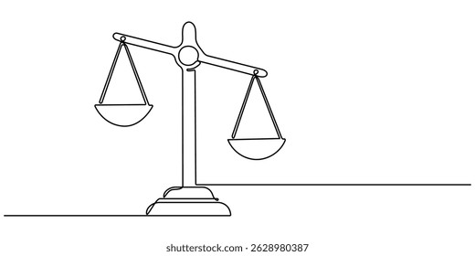One Line Drawing of a Justice Scale, Minimalist Illustration Representing Equity and Justice, Libra symbol in single line draw illustration. balance, law, justice, court, weight. Editable stroke.