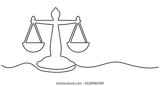 One Line Drawing of a Justice Scale, Minimalist Illustration Representing Equity and Justice, Libra symbol in single line draw illustration. balance, law, justice, court, weight. Editable stroke.
