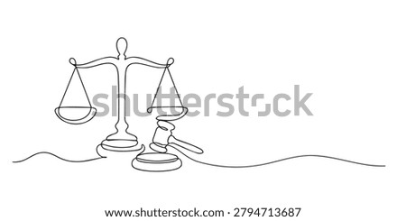 One line drawing of justice scale and judge gavel. Continuous line of legal authority and judicial system. Law and justice concept. single line art vector illustration.