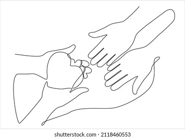 
One line drawing of kids giving love heart shaped to mom or dad. Mom and dad love the concept of nurturing care. Family insurance sign symbol. Continuous line drawing design, vector illustration