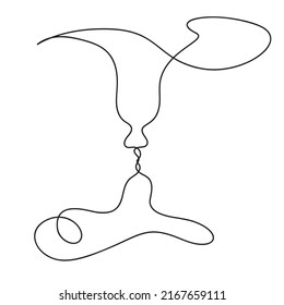 One Line Drawing Kiss. Couple Kissing Profiles in Sketch Art Style, Continuous Line Draw Heads, Illusion Single Outline Vector Illustration