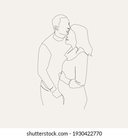 One line drawing kissing couple in minimal style. Continuous line lovers. Logo couple in love. Silhouette male and female. Vector design for Valentines day, wedding invitations.