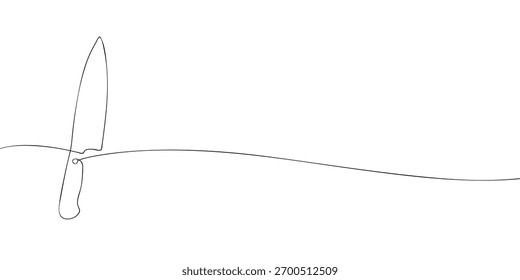 One line drawing of a kitchen knife on white background. Minimal continuous line art for cooking, culinary, or restaurant design projects.