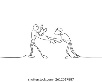 One line drawing of a knife attack scene, showing a violent confrontation between two figures. Minimalist hand-drawn continuous line art. Vector illustration, Editable stroke