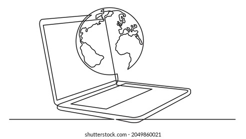 dibujo de una línea de computadora portátil con globo terrestre como concepto de negocio de la economía global