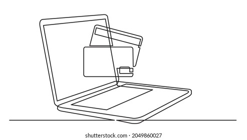 one line drawing of laptop computer with credit cards as business concept of online shopping