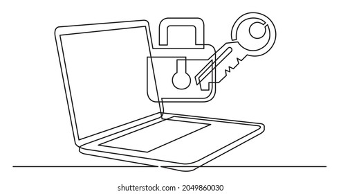 one line drawing laptop computer and lock   key as business concept cyber security