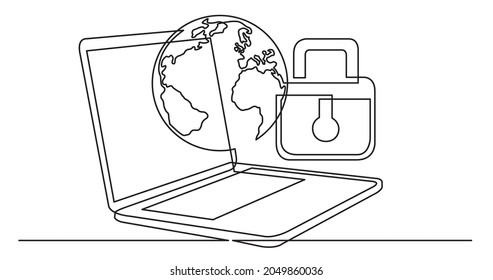 One Line Drawing Of Laptop Computer With Earth Globe And Lock As Business Concept Of Global Cyber Security