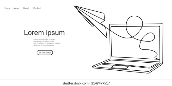 one line drawing of laptop computer with paper plane as business concept of startup