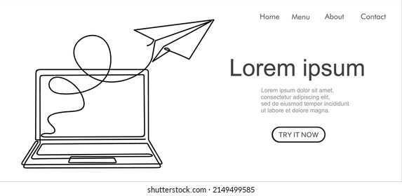 one line drawing of laptop computer with paper plane as business concept of startup