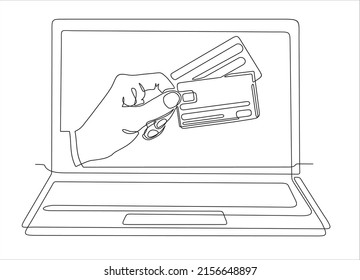 one line drawing of laptop computer with  hand holding credit cards as business concept of online shopping. Can used for logo, emblem, slide show and banner.