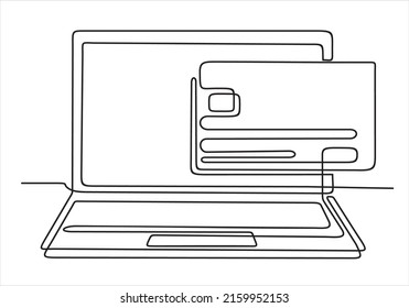 dibujo de una línea de ordenador portátil con tarjetas de crédito como concepto de negocio de compras en línea. Se puede usar para logotipo, emblema, presentación de diapositivas y banner.