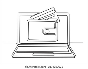 one line drawing of laptop computer with credit card in wallet as business concept of online shopping. Can used for logo, emblem, slide show and banner.