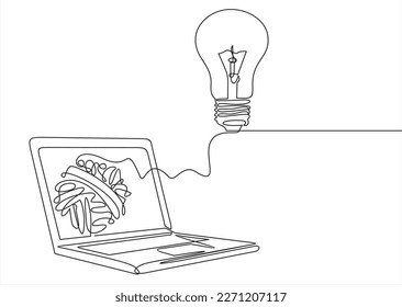 one line drawing of laptop computer with light bulb symbol idea. BIG IDEA. Can used for logo, emblem, slide show and banner.