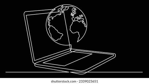 dibujo de una línea de computadora portátil con globo terrestre como concepto de negocio de la economía global