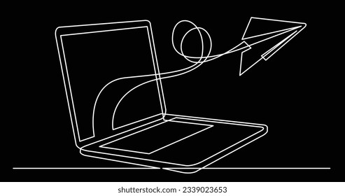 one line drawing of laptop computer with paper plane as business concept of startup