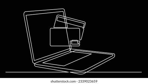 Einzeilige Zeichnung von Laptop-Computern mit Kreditkarten als Geschäftskonzept für Online-Shopping