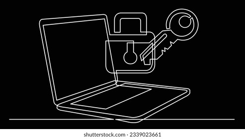 one line drawing of laptop computer with lock and key as business concept of cyber security